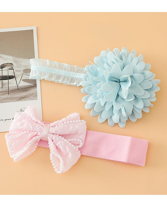 Babyhug Headbands Free Size With Bow & Floral Applique Pack Of 2 - Pink & Blue