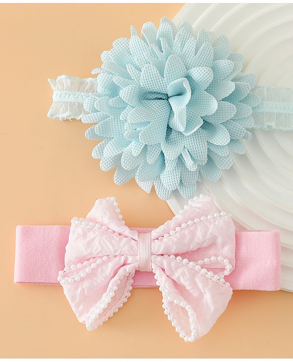 Babyhug Headbands Free Size With Bow & Floral Applique Pack Of 2 - Pink & Blue