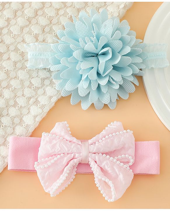 Babyhug Headbands Free Size With Bow & Floral Applique Pack Of 2 - Pink & Blue