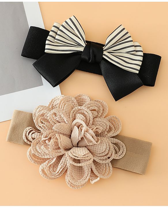 Babyhug Headbands Free Size With Bow & Floral Applique Pack Of 2 - Black & Khaki