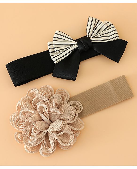 Babyhug Headbands Free Size With Bow & Floral Applique Pack Of 2 - Black & Khaki