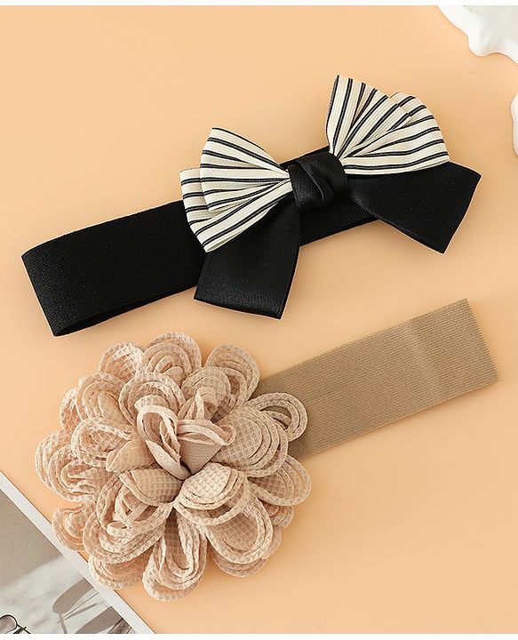 Babyhug Headbands Free Size With Bow & Floral Applique Pack Of 2 - Black & Khaki