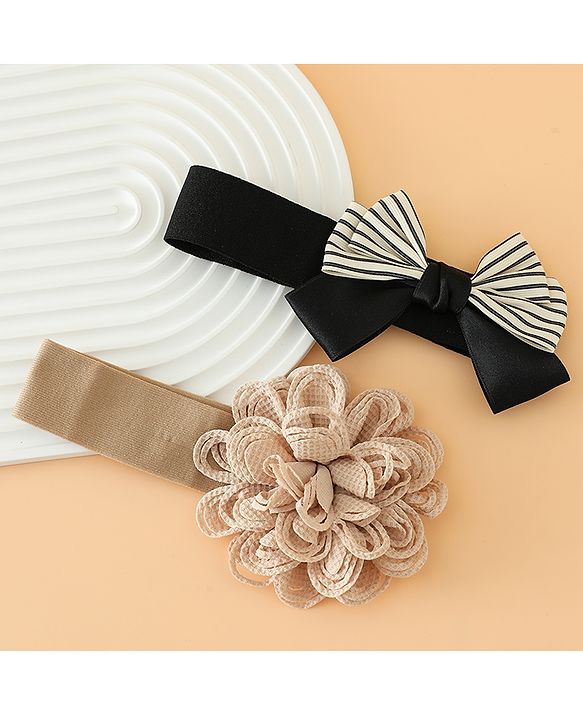 Babyhug Headbands Free Size With Bow & Floral Applique Pack Of 2 - Black & Khaki
