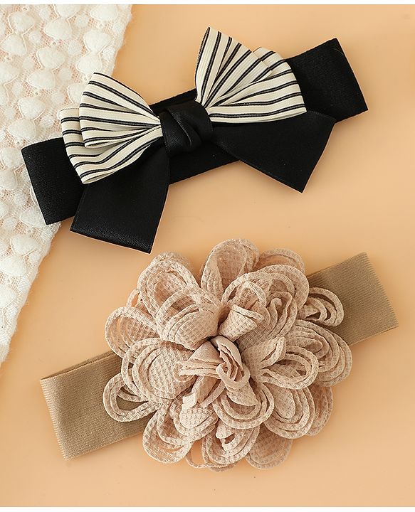 Babyhug Headbands Free Size With Bow & Floral Applique Pack Of 2 - Black & Khaki
