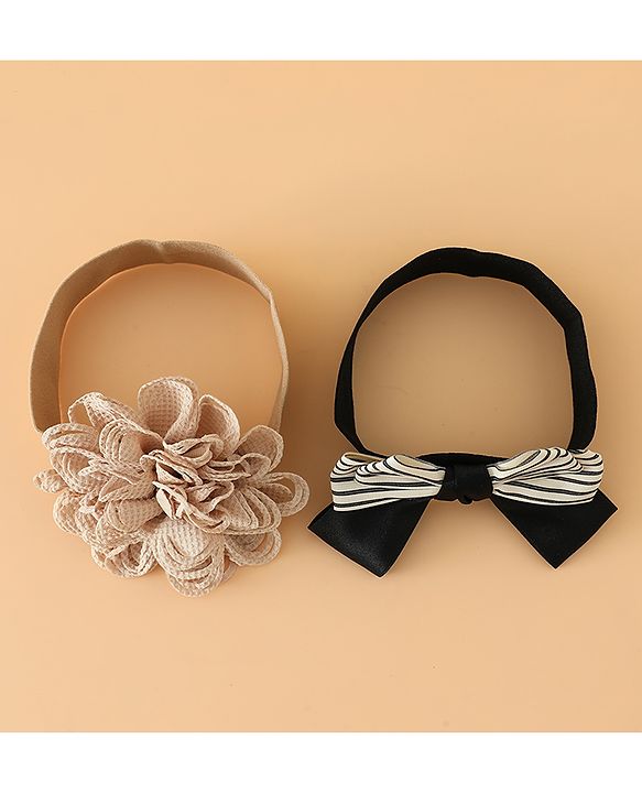 Babyhug Headbands Free Size With Bow & Floral Applique Pack Of 2 - Black & Khaki