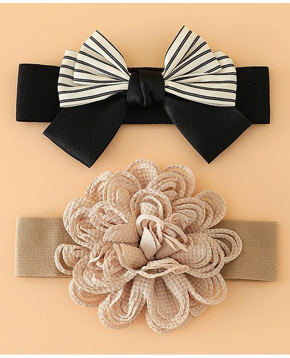 Babyhug Headbands Free Size With Bow & Floral Applique Pack Of 2 - Black & Khaki