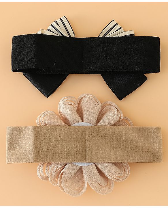Babyhug Headbands Free Size With Bow & Floral Applique Pack Of 2 - Black & Khaki