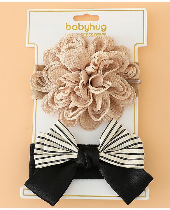 Babyhug Headbands Free Size With Bow & Floral Applique Pack Of 2 - Black & Khaki