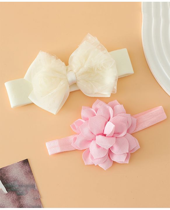 Babyhug Headbands Free Size With Bow & Floral Applique Pack Of 2 - Yellow & Pink
