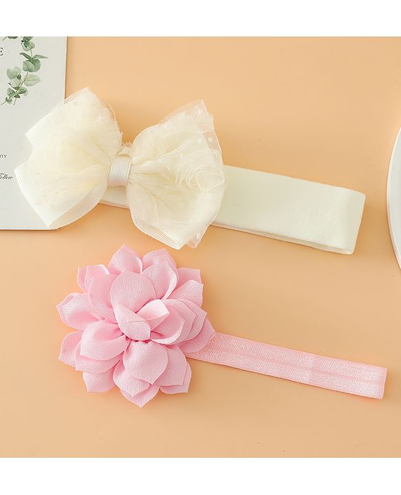 Babyhug Headbands Free Size With Bow & Floral Applique Pack Of 2 - Yellow & Pink