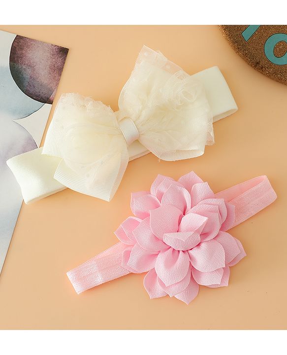 Babyhug Headbands Free Size With Bow & Floral Applique Pack Of 2 - Yellow & Pink