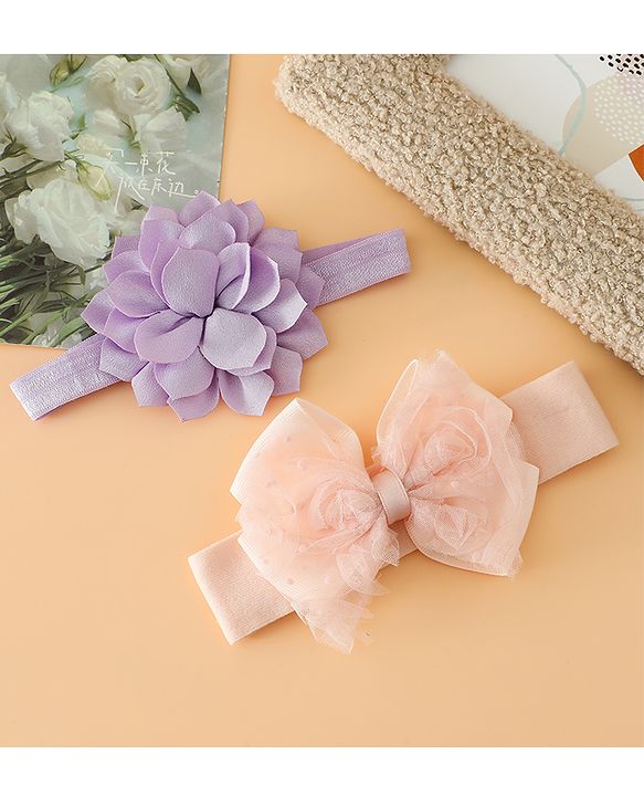 Babyhug Headbands Free Size With Bow & Floral Applique Pack Of 2 - Yellow & Pink