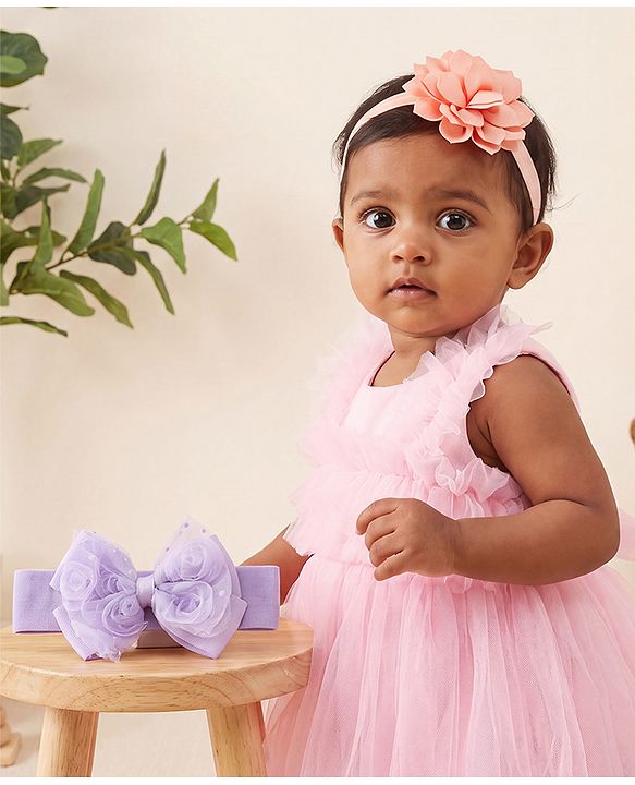 Babyhug Headbands Free Size With Bow & Floral Applique Pack Of 2 - Yellow & Pink