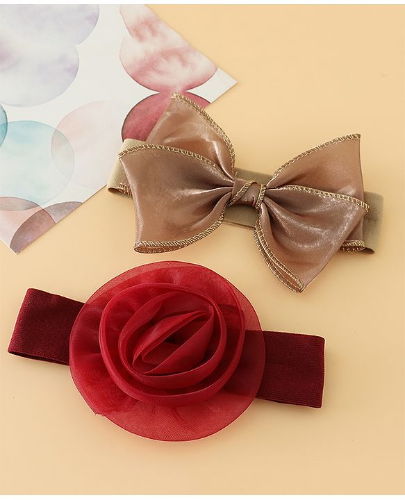 Babyhug Headbands Free Size With Bow & Floral Applique Pack Of 2 - Brown & Maroon