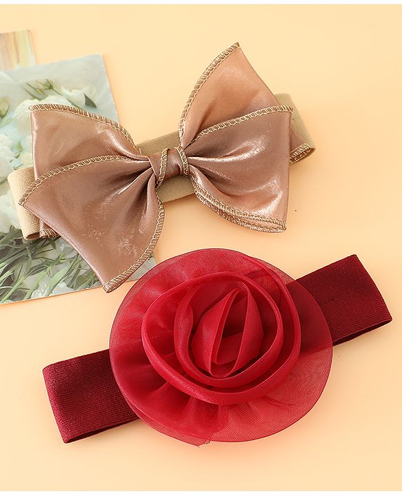 Babyhug Headbands Free Size With Bow & Floral Applique Pack Of 2 - Brown & Maroon