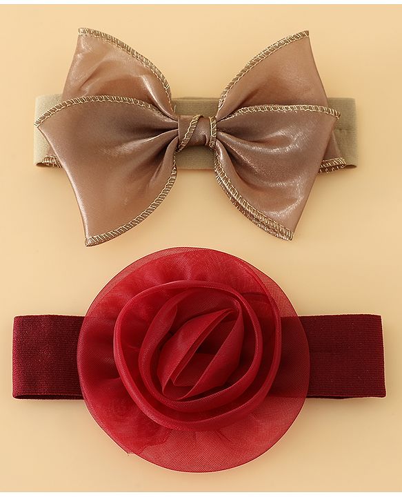 Babyhug Headbands Free Size With Bow & Floral Applique Pack Of 2 - Brown & Maroon