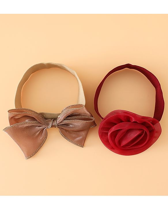 Babyhug Headbands Free Size With Bow & Floral Applique Pack Of 2 - Brown & Maroon