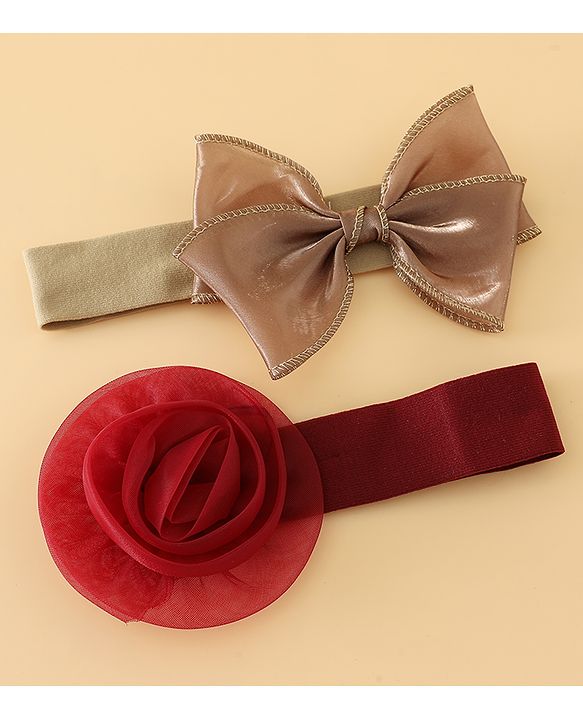 Babyhug Headbands Free Size With Bow & Floral Applique Pack Of 2 - Brown & Maroon
