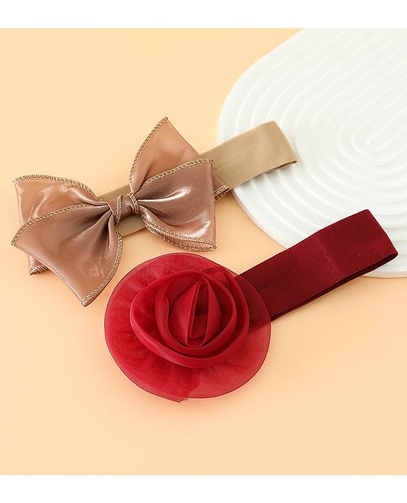Babyhug Headbands Free Size With Bow & Floral Applique Pack Of 2 - Brown & Maroon