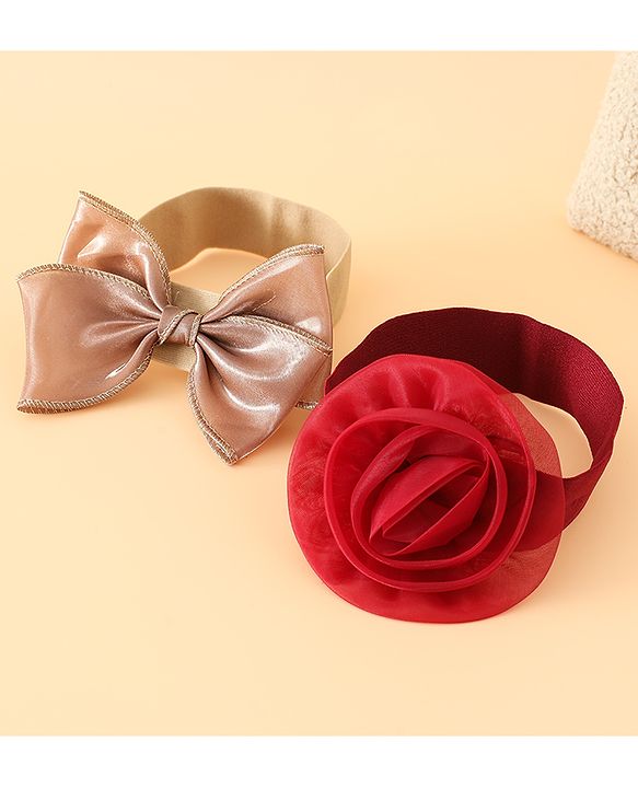 Babyhug Headbands Free Size With Bow & Floral Applique Pack Of 2 - Brown & Maroon