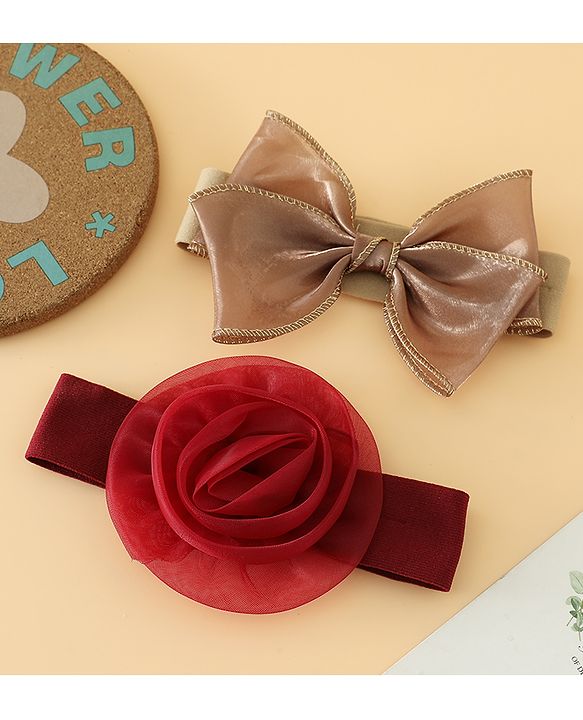 Babyhug Headbands Free Size With Bow & Floral Applique Pack Of 2 - Brown & Maroon