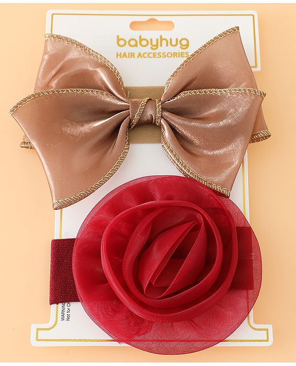 Babyhug Headbands Free Size With Bow & Floral Applique Pack Of 2 - Brown & Maroon