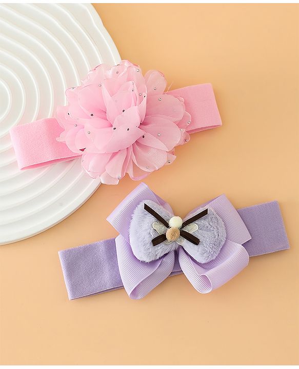 Babyhug Headbands Free Size With Bow & Floral Applique Pack Of 2 - Pink & Purple