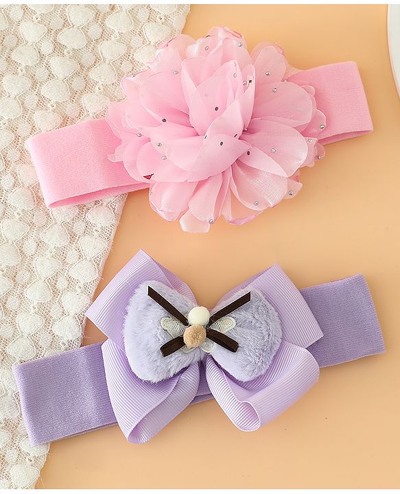 Babyhug Headbands Free Size With Bow & Floral Applique Pack Of 2 - Pink & Purple