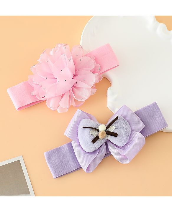 Babyhug Headbands Free Size With Bow & Floral Applique Pack Of 2 - Pink & Purple