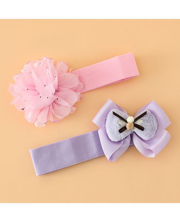 Babyhug Headbands Free Size With Bow & Floral Applique Pack Of 2 - Pink & Purple