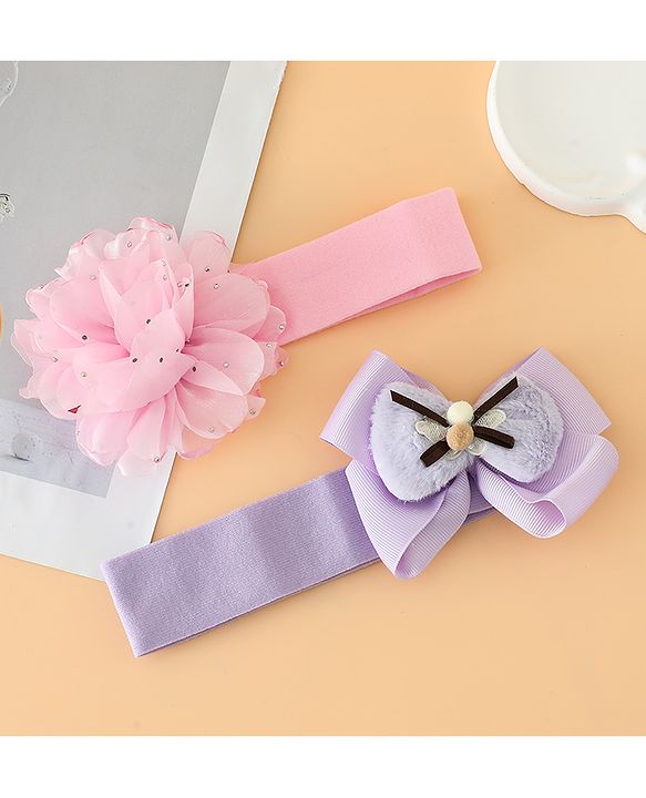 Babyhug Headbands Free Size With Bow & Floral Applique Pack Of 2 - Pink & Purple