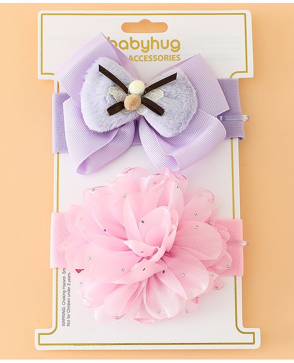 Babyhug Headbands Free Size With Bow & Floral Applique Pack Of 2 - Pink & Purple