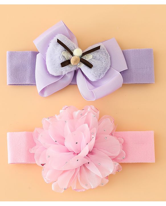 Babyhug Headbands Free Size With Bow & Floral Applique Pack Of 2 - Pink & Purple