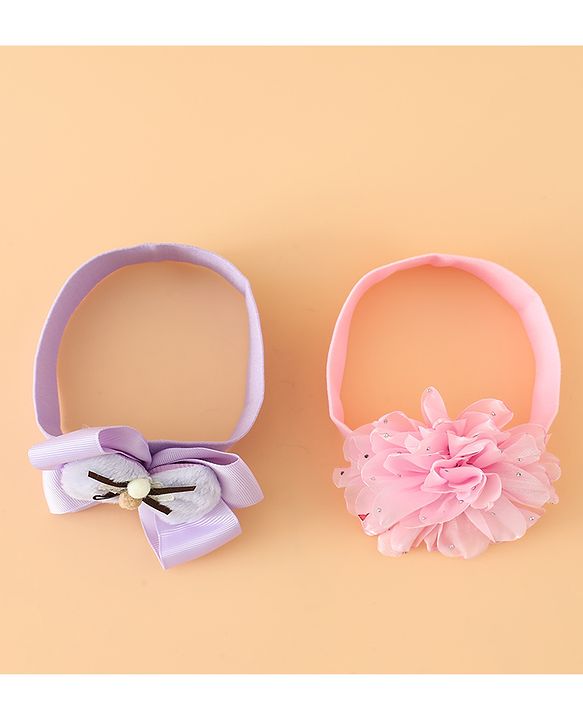 Babyhug Headbands Free Size With Bow & Floral Applique Pack Of 2 - Pink & Purple