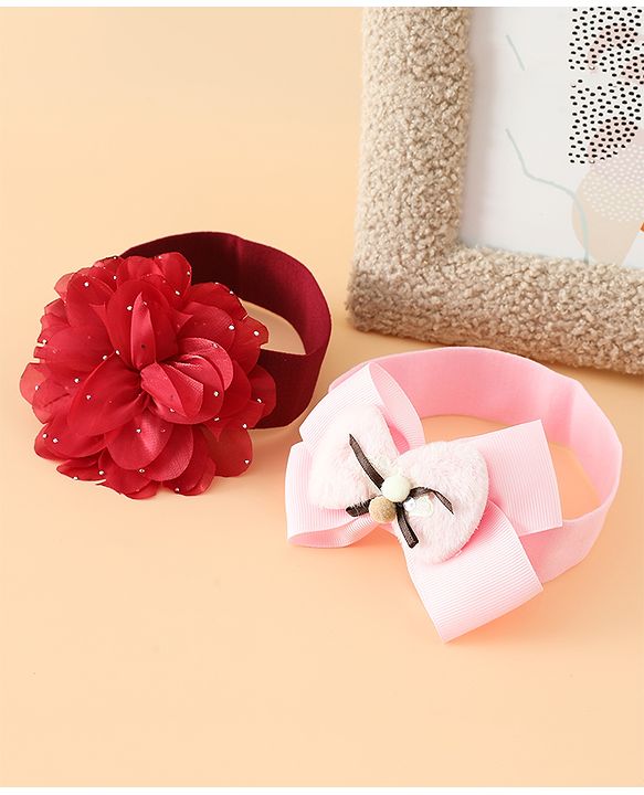 Babyhug Headbands Free Size With Bow & Floral Applique Pack Of 2 - Pink & Purple
