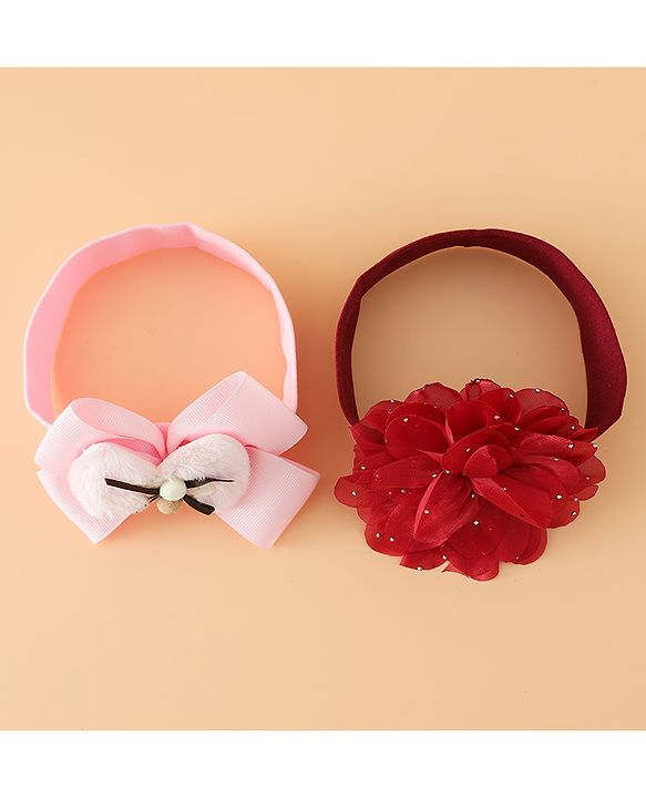 Babyhug Headbands Free Size With Bow & Floral Applique Pack Of 2 - Pink & Purple