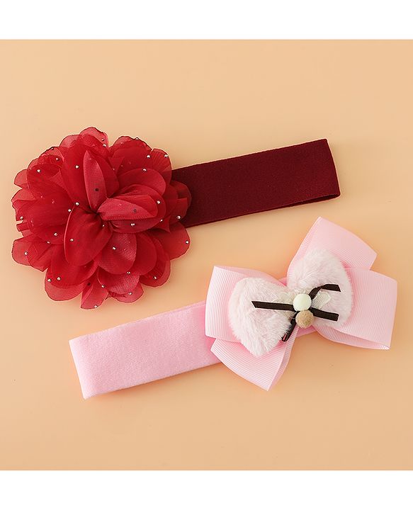 Babyhug Headbands Free Size With Bow & Floral Applique Pack Of 2 - Pink & Purple