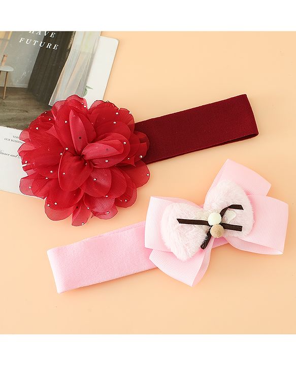 Babyhug Headbands Free Size With Bow & Floral Applique Pack Of 2 - Pink & Purple