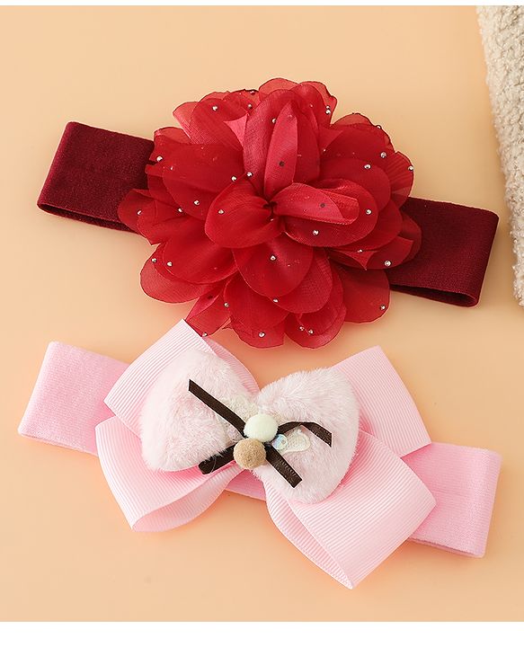 Babyhug Headbands Free Size With Bow & Floral Applique Pack Of 2 - Pink & Purple