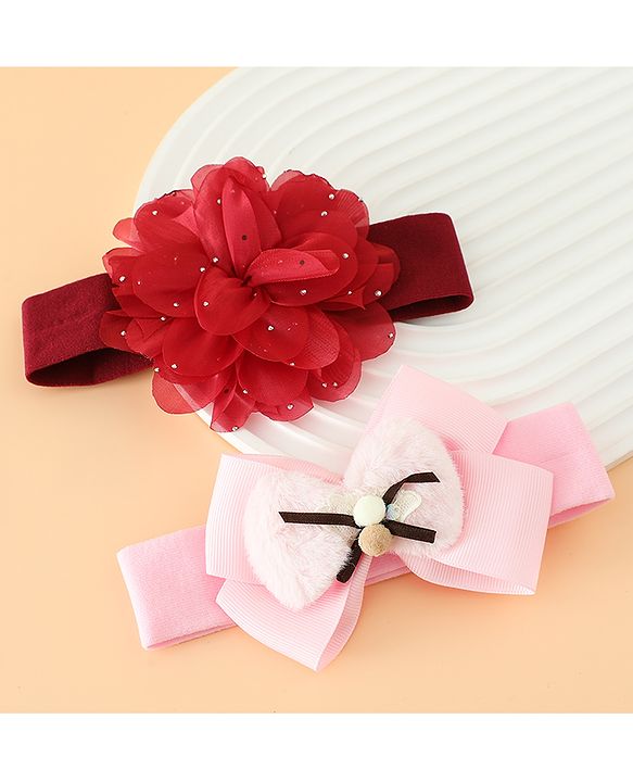 Babyhug Headbands Free Size With Bow & Floral Applique Pack Of 2 - Pink & Purple