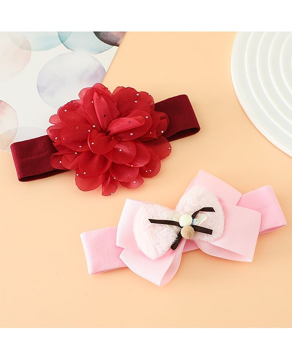 Babyhug Headbands Free Size With Bow & Floral Applique Pack Of 2 - Pink & Purple