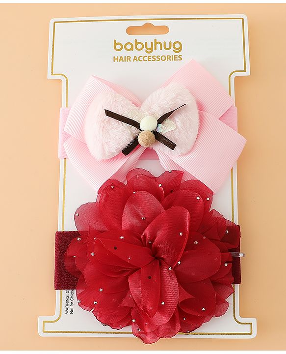 Babyhug Headbands Free Size With Bow & Floral Applique Pack Of 2 - Pink & Purple