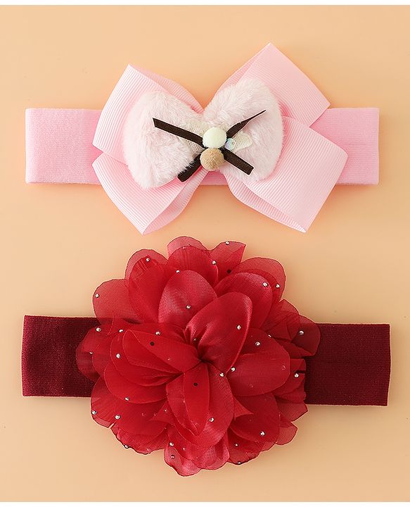 Babyhug Headbands Free Size With Bow & Floral Applique Pack Of 2 - Pink & Purple