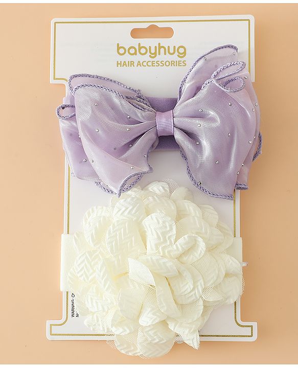 Babyhug Headbands Free Size With Bow & Floral Applique Pack Of 2 - White & Purple