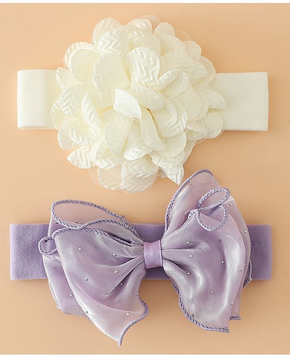 Babyhug Headbands Free Size With Bow & Floral Applique Pack Of 2 - White & Purple