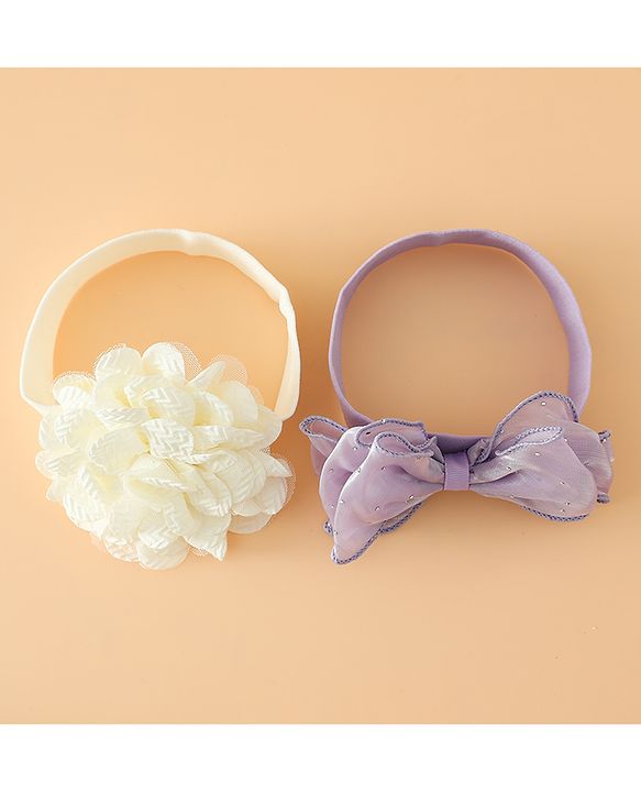 Babyhug Headbands Free Size With Bow & Floral Applique Pack Of 2 - White & Purple