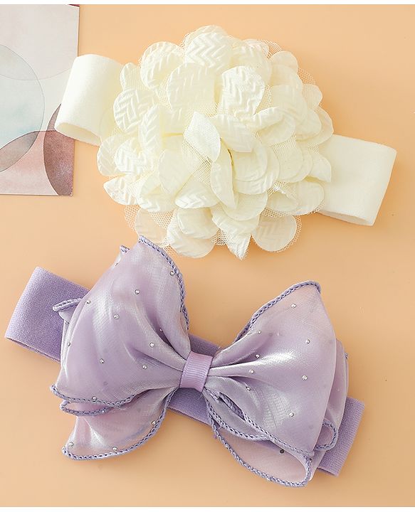 Babyhug Headbands Free Size With Bow & Floral Applique Pack Of 2 - White & Purple
