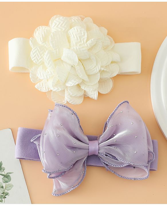 Babyhug Headbands Free Size With Bow & Floral Applique Pack Of 2 - White & Purple