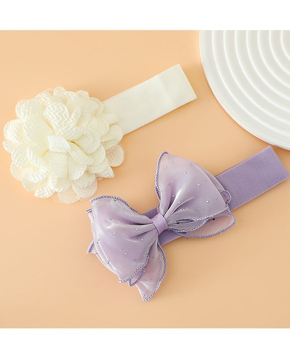 Babyhug Headbands Free Size With Bow & Floral Applique Pack Of 2 - White & Purple