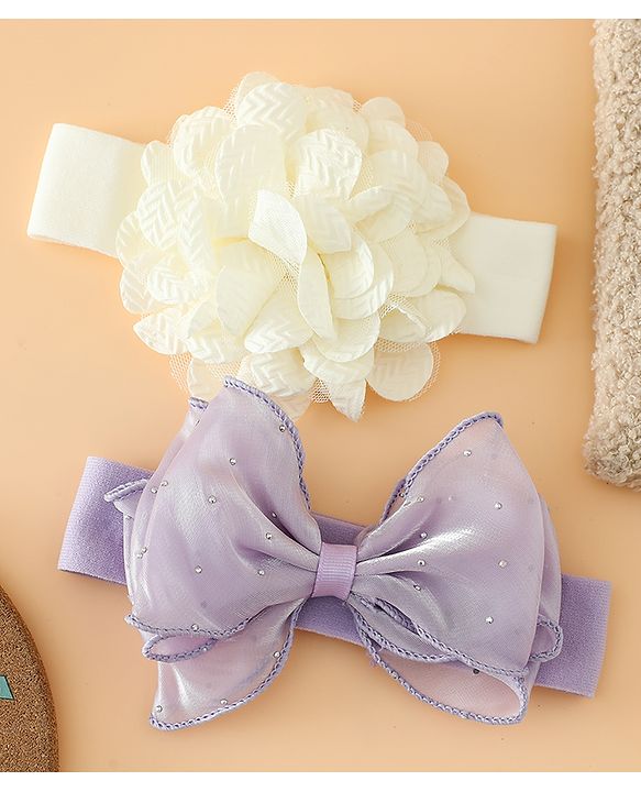 Babyhug Headbands Free Size With Bow & Floral Applique Pack Of 2 - White & Purple